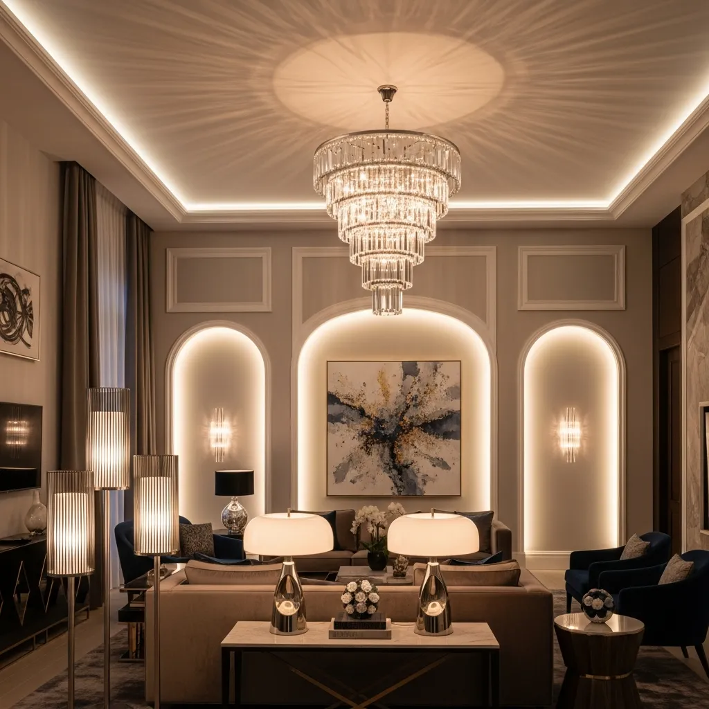 Ambient lighting solutions including chandeliers, uplighting, and decorative fixtures