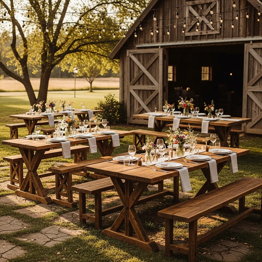 Rustic wooden farm tables with natural wood finish for outdoor and barn events